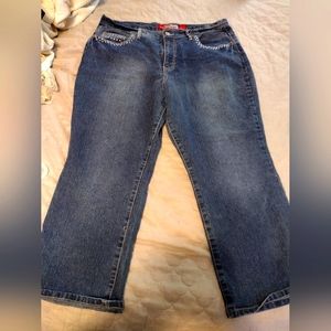 LaserJeans women's straight cut blue jeans with sequins, size 18.